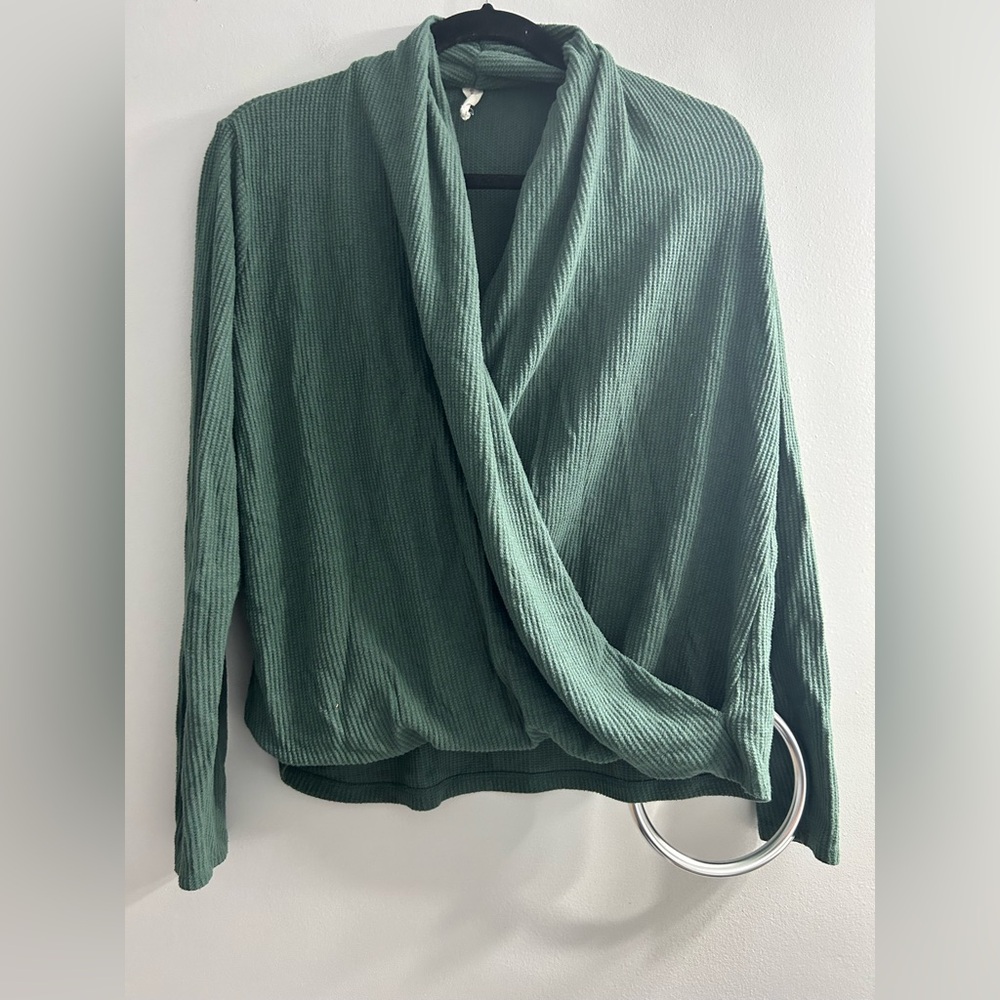 Anthropologie Daily Practice Cross-Front Top Thermal Rib Knit Green - Picture 1 of 4